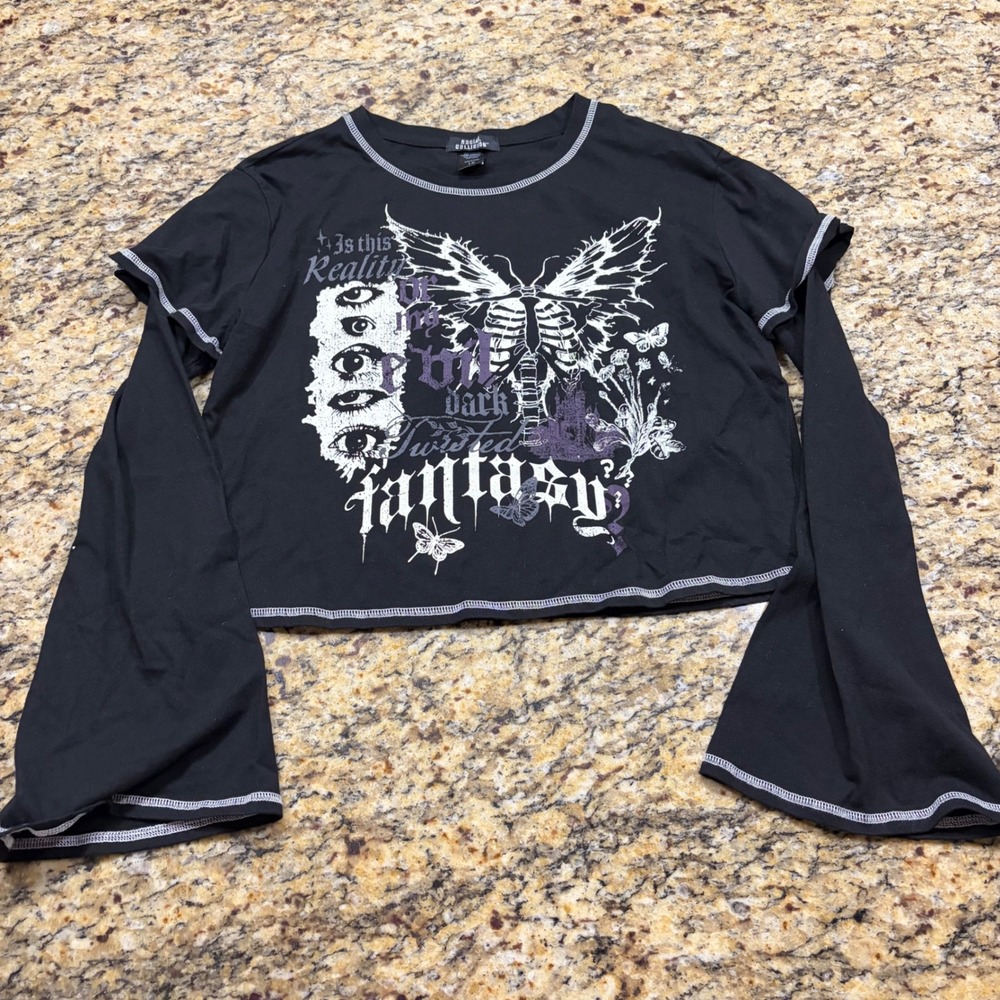 Social Collision Black Crop Top Butterfly Skeleton Bell Sleeve L Y2k Goth v